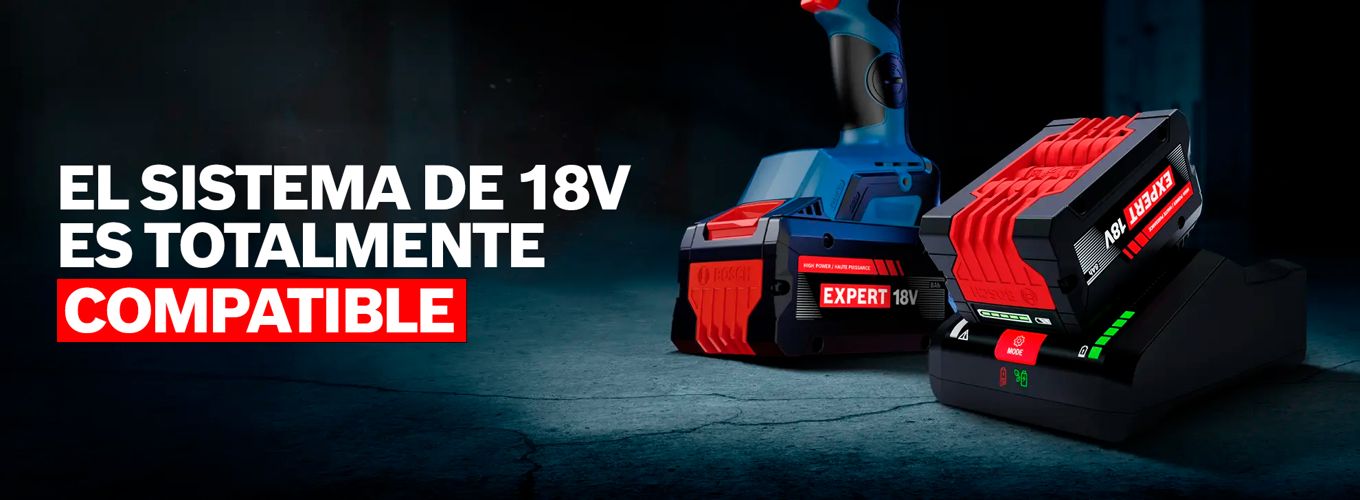 Dos baterías Bosch Professional de 18V están sobre un fondo oscuro, una con diseño rojo y negro, la otra con pantalla LED verde.