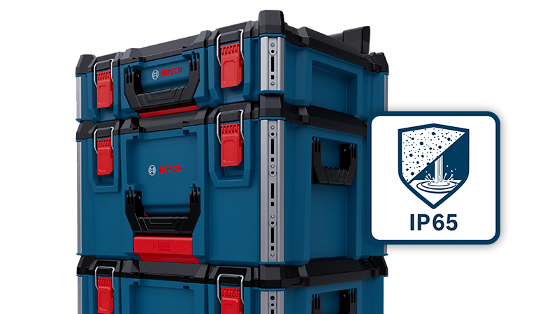 Two stackable toolboxes in blue with red latches and an IP65 protection class.