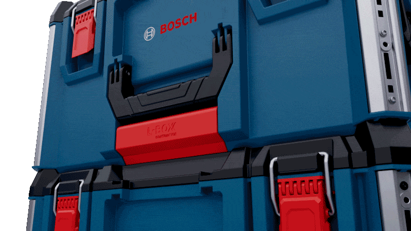 A blue toolbox with red latches, clearly labeled with "BOSCH" and "L-BOXX".