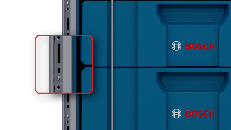Close-up of a blue Bosch tool case, with visible hinge screws and locks.