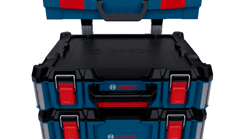 Two stackable toolboxes in blue and black with red accents, opened and ready for use.
