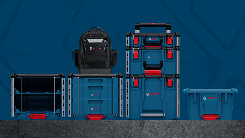 Various Bosch toolboxes in blue and red, a black backpack, on a gray background.