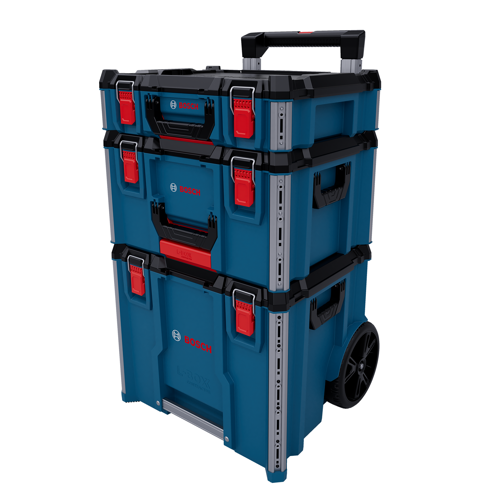 Stacked in blue plastic: toolboxes from Bosch with red closures and a roll.