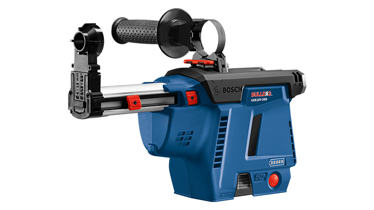 A blue Bosch Professional battery nailer with a red handle and accessories.