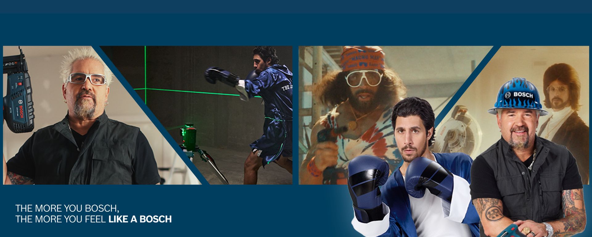 A square image with four scenes: A man with gray hair and glasses holds a cordless drill. Next to him, a fighter in sportswear works with boxing gloves and a laser device. In the center, a man with a colorful hat and long hair poses happily. To the right, another man with boxing gloves and a Bosch cap looks serious. The background is blue and modern.