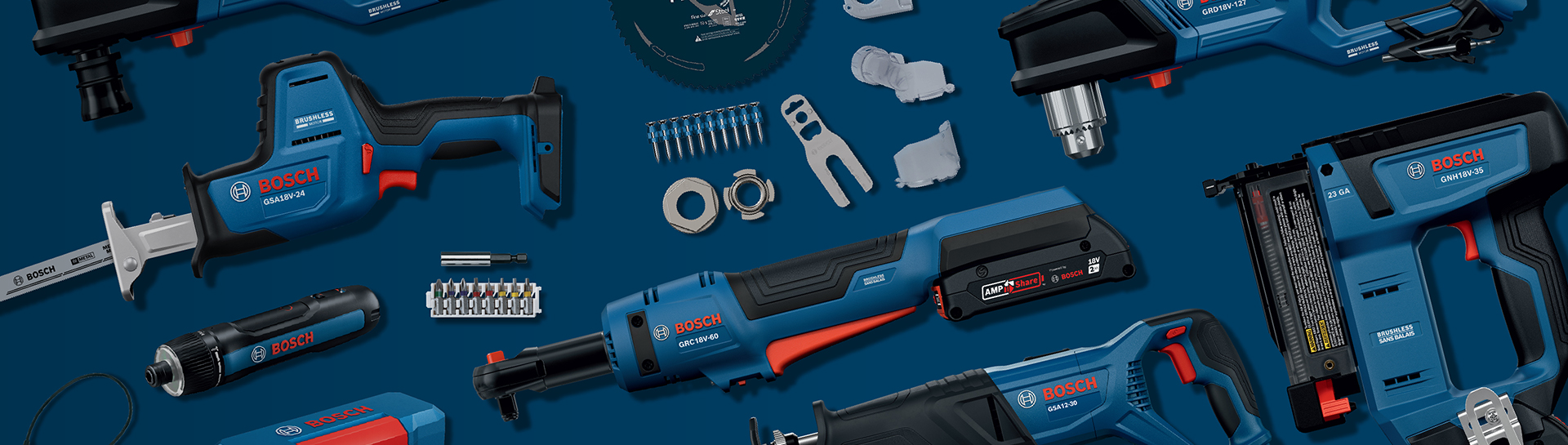 Various Bosch Professional tools arranged on a blue background.