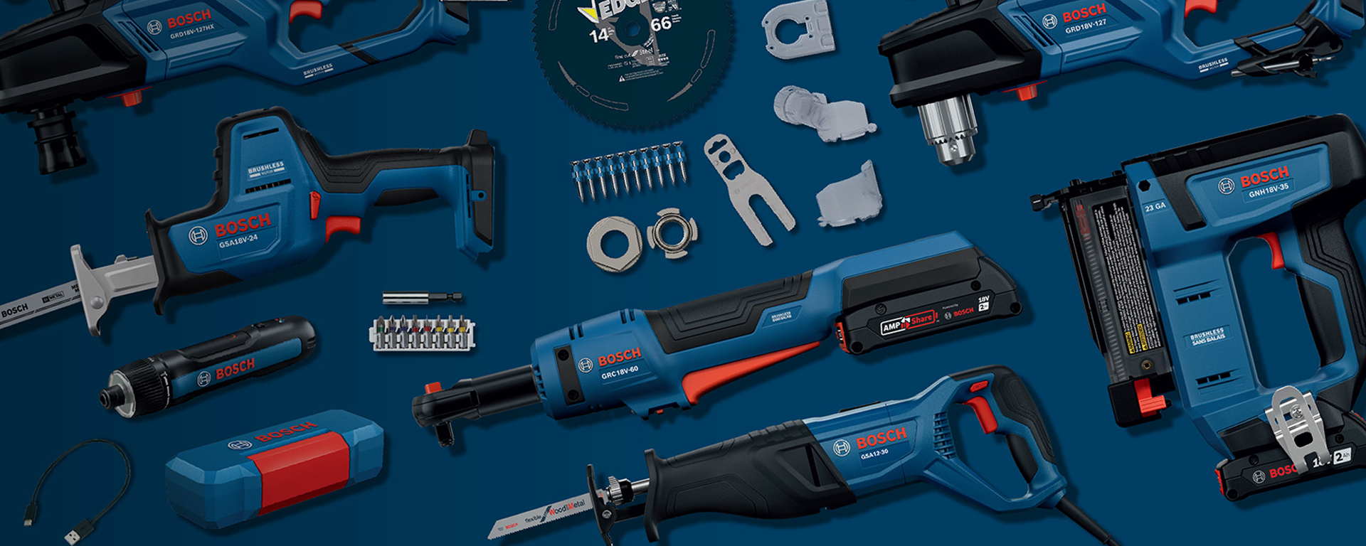 Various Bosch Professional tools on a blue background.