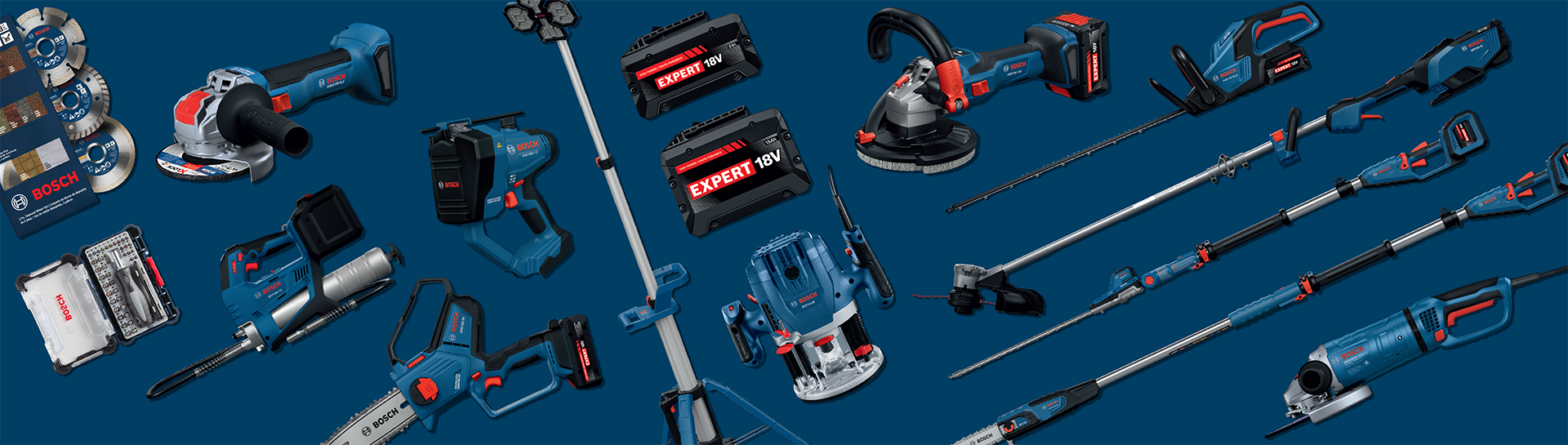Various Bosch tools are placed on a blue background, including cordless drills, saws, and sanders.