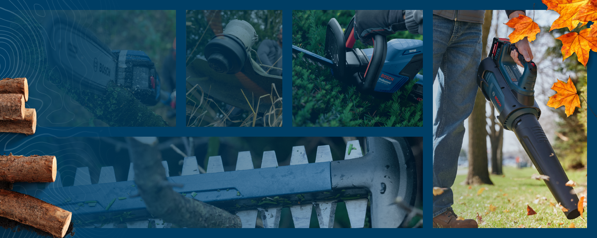 Collage of tools: chainsaw, hedge trimmer, leaf blower, wooden logs, and autumn leaves.