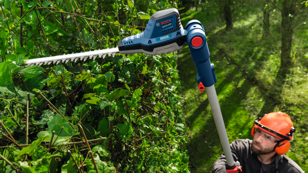 A man with an orange safety helmet is trimming dense greenery with an electric hedge trimmer.