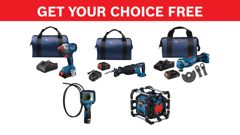 A set of blue tools, batteries, and bags on a white background, with the text "GET YOUR CHOICE FREE".