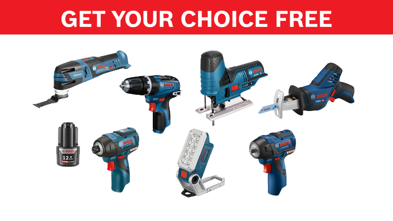 An arrangement of handcrafted electric tools in blue and black on a white background. This includes a battery screwdriver, a jigsaw, a multitool, and other devices. The text "GET YOUR CHOICE FREE" in red above the image.