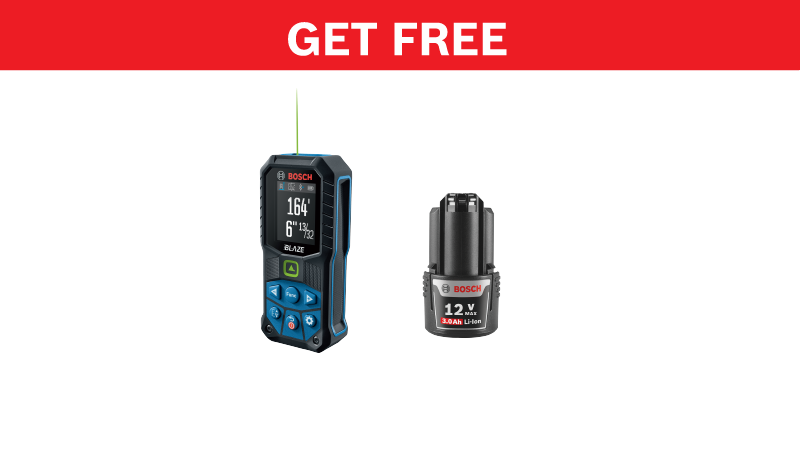 A Bosch laser distance measurer with a digital display, next to a Bosch battery. Background red with "GET FREE" text.