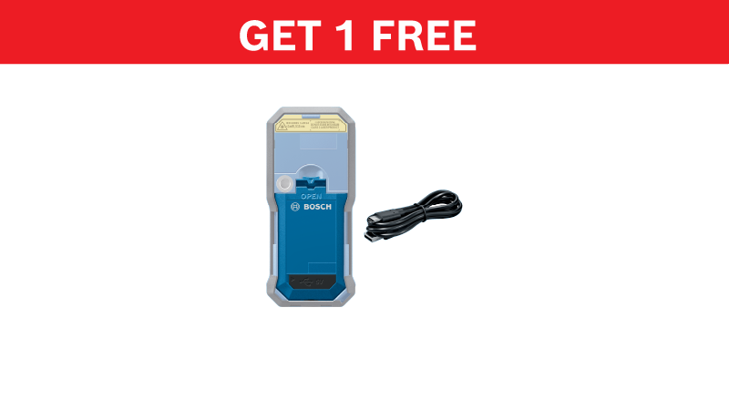 A Bosch device in blue color with a gray casing, next to a black cable. At the top, red text: "GET 1 FREE".
