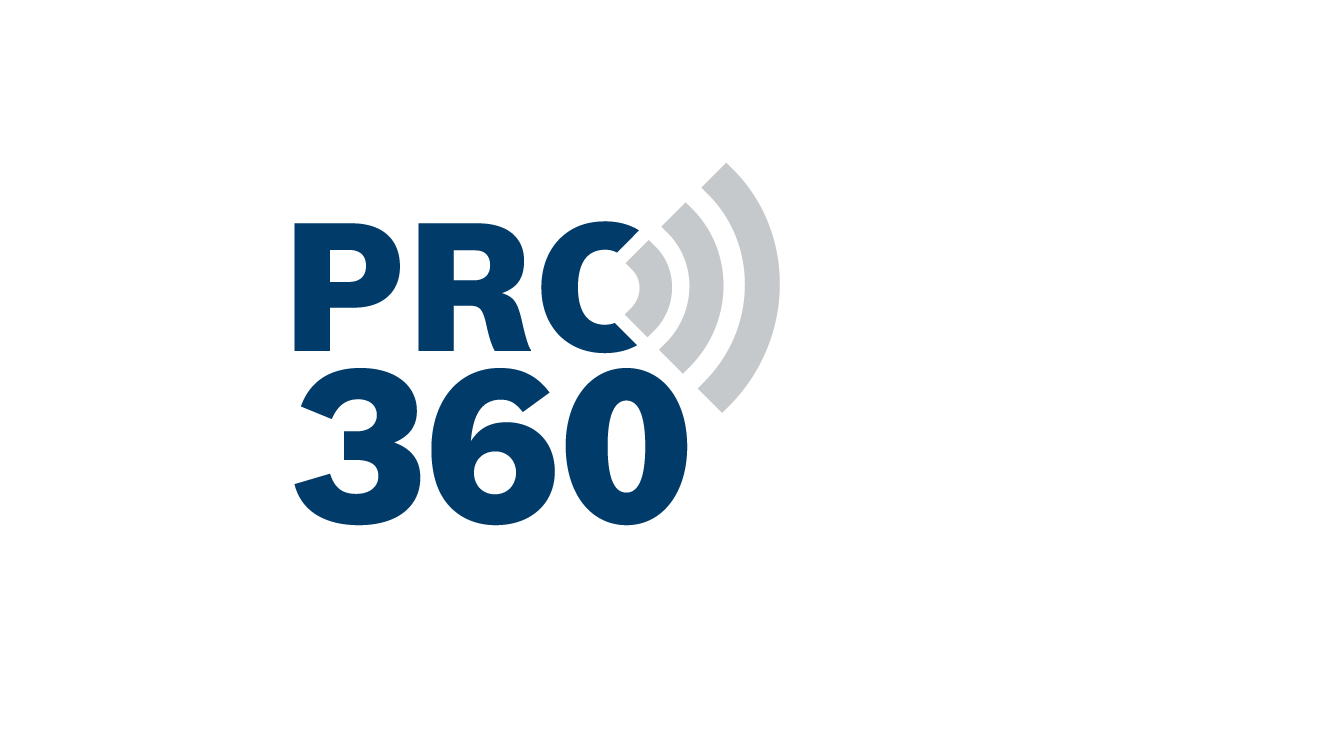Logo with the words "PRC 360" in blue and gray sound waves, on a white background.