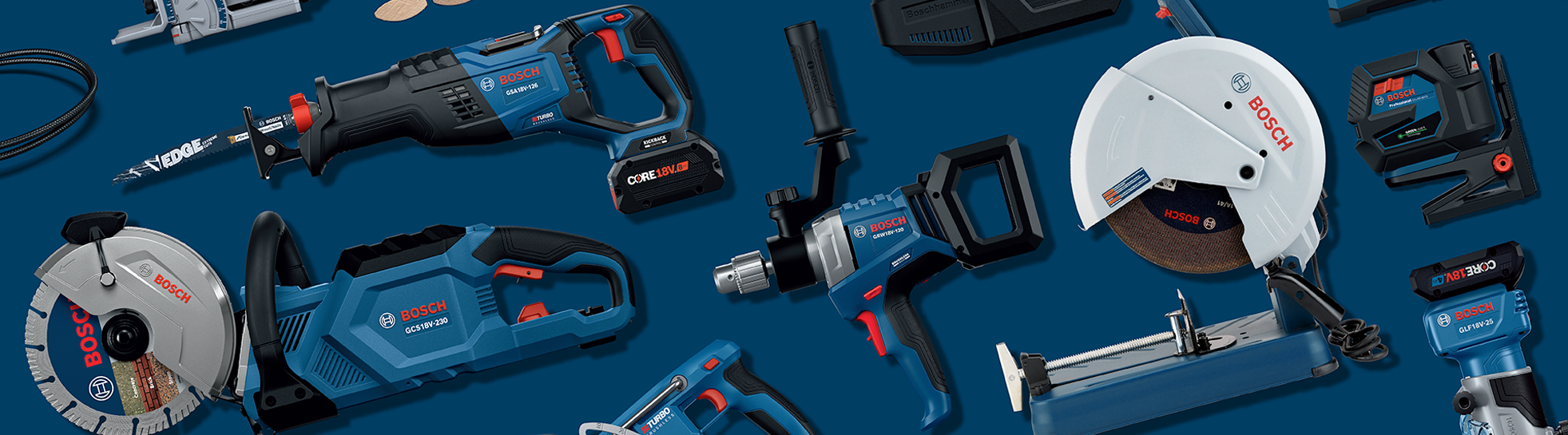 Various Bosch Professional tools arranged on a blue surface.
