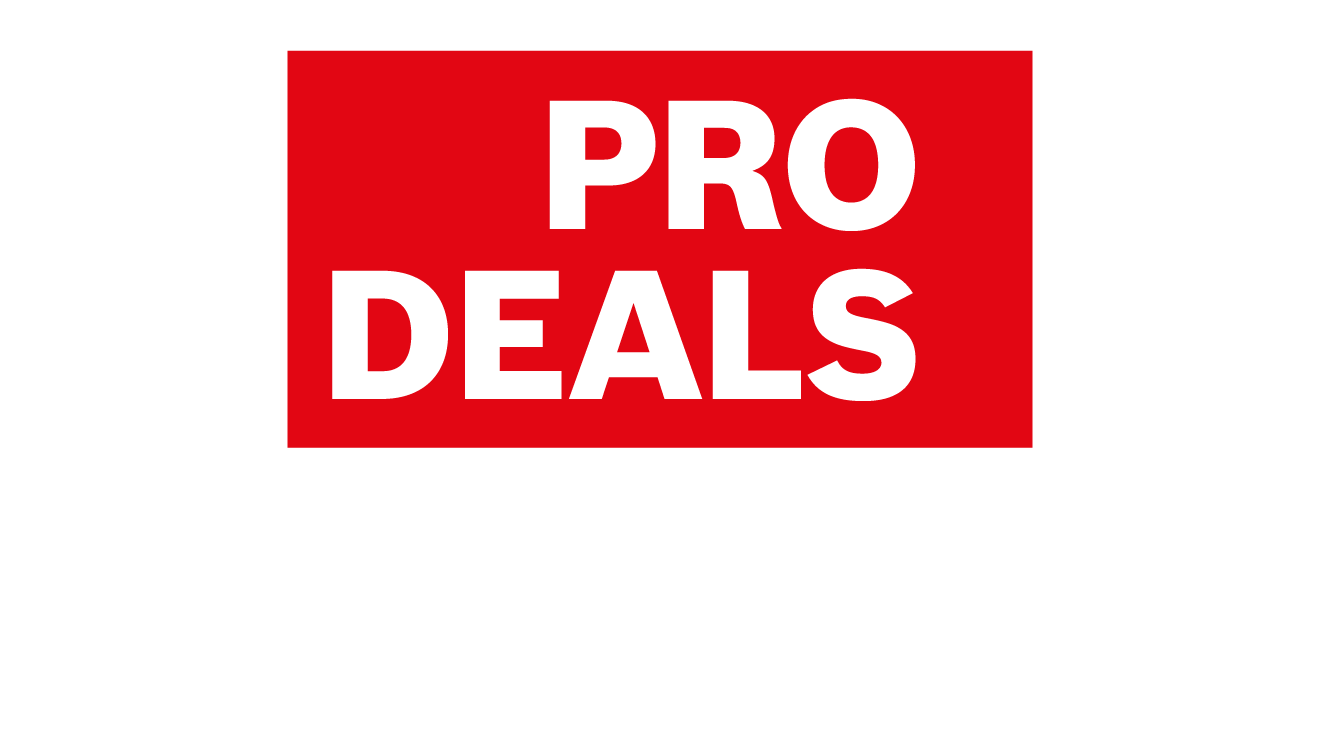 Red sign with white text "PRO DEALS" on a light background.