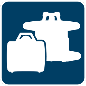 Silhouette de una caja de herramientas y un carrete sobre un fondo azul.