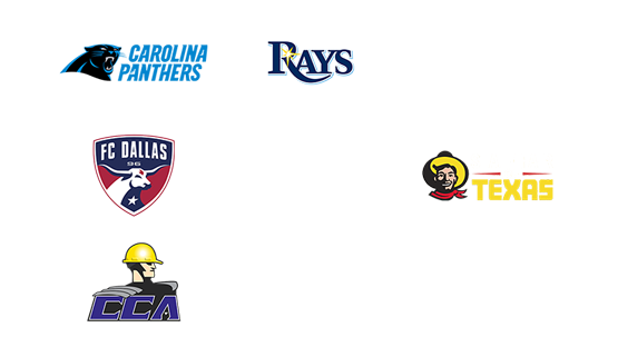 Various sports logos in blue, red, and black on a white background.