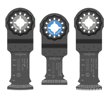 Tres hojas de sierra Bosch Professional en negro con varias marcas.