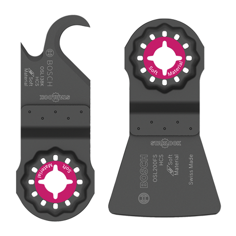 Dos accesorios negros Bosch Starlock para herramientas, uno con borde rosa.