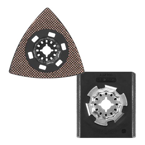 Dos placas de lijado Bosch Professional en forma triangular, negras y grises.