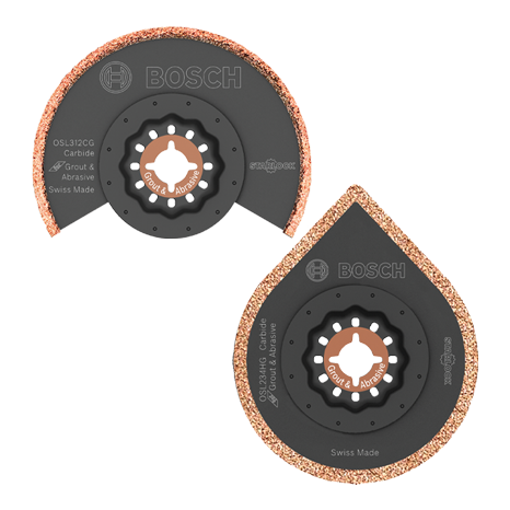 Dos hojas de corte Bosch Professional en forma de gota, negras y de color cobre.