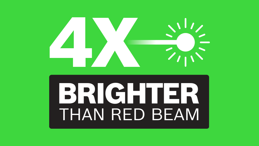 Green graphic with "4X BRIGHTER THAN RED BEAM" in white and black.