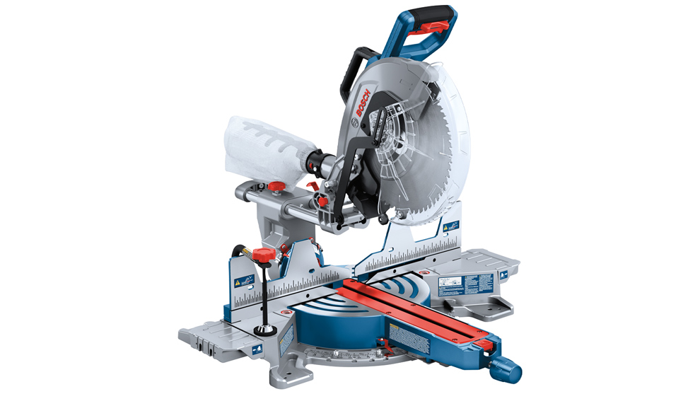 A Bosch Professional miter saw in blue and silver on a white background.