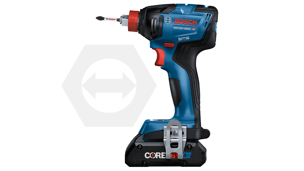 Blue Bosch Professional cordless screwdriver with red head on white background.