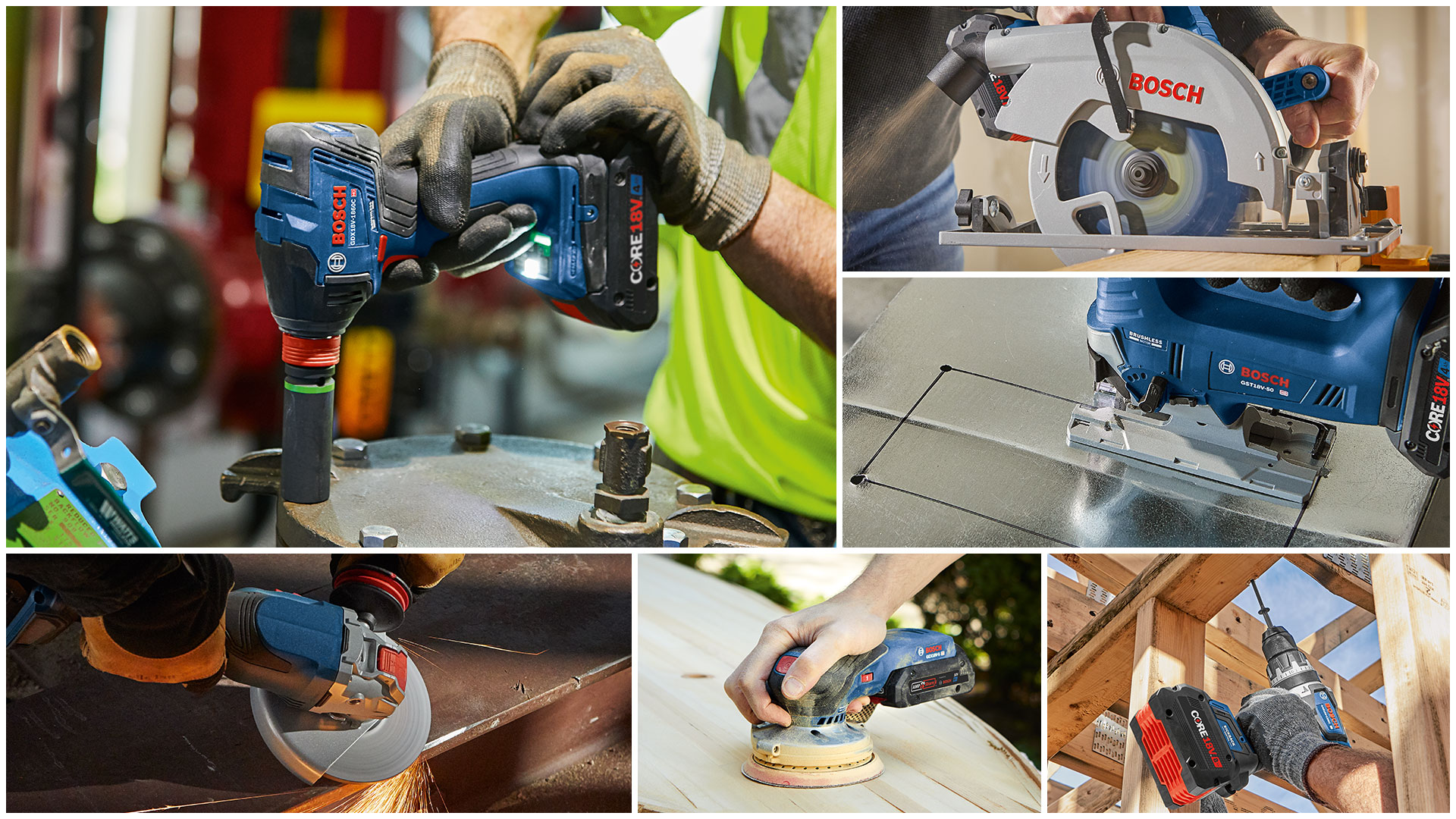 Various Bosch Professional tools in action on work surfaces.