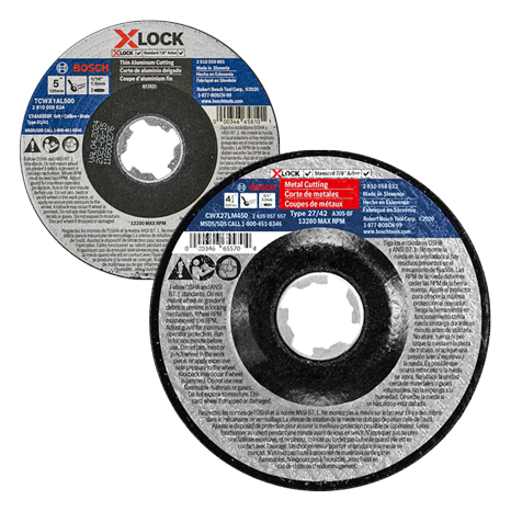 Dos discos de corte Bosch X-Lock para el trabajo del metal, redondos y grises.
