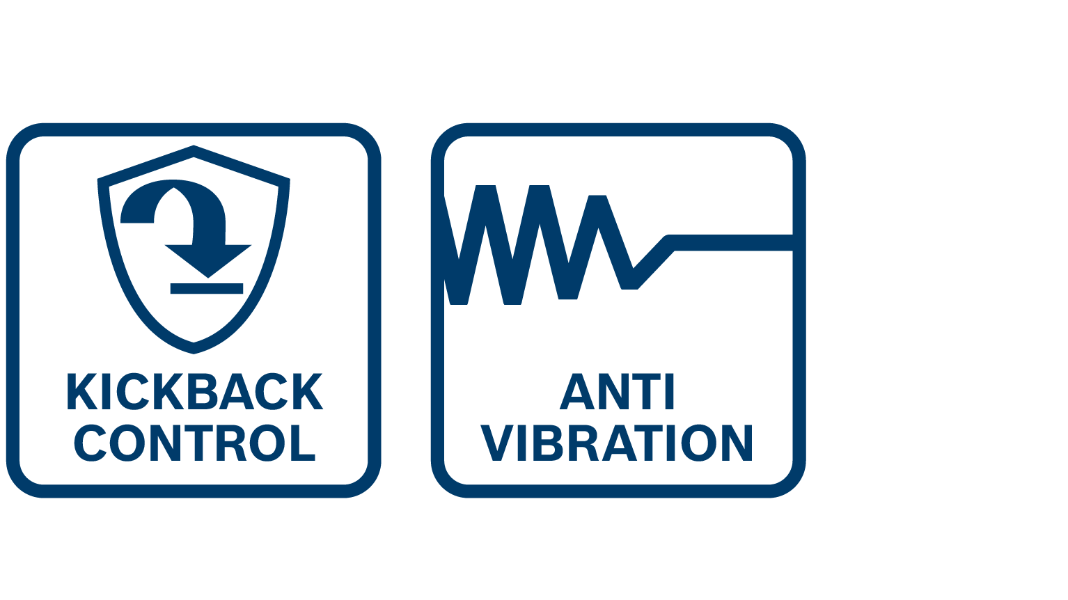 Three blue safety symbols: Kickback Control, Anti Vibration.