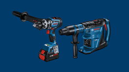Two Bosch Professional tools on a blue background: cordless screwdriver, rotary hammer.