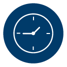 A blue wall clock face with white hands.