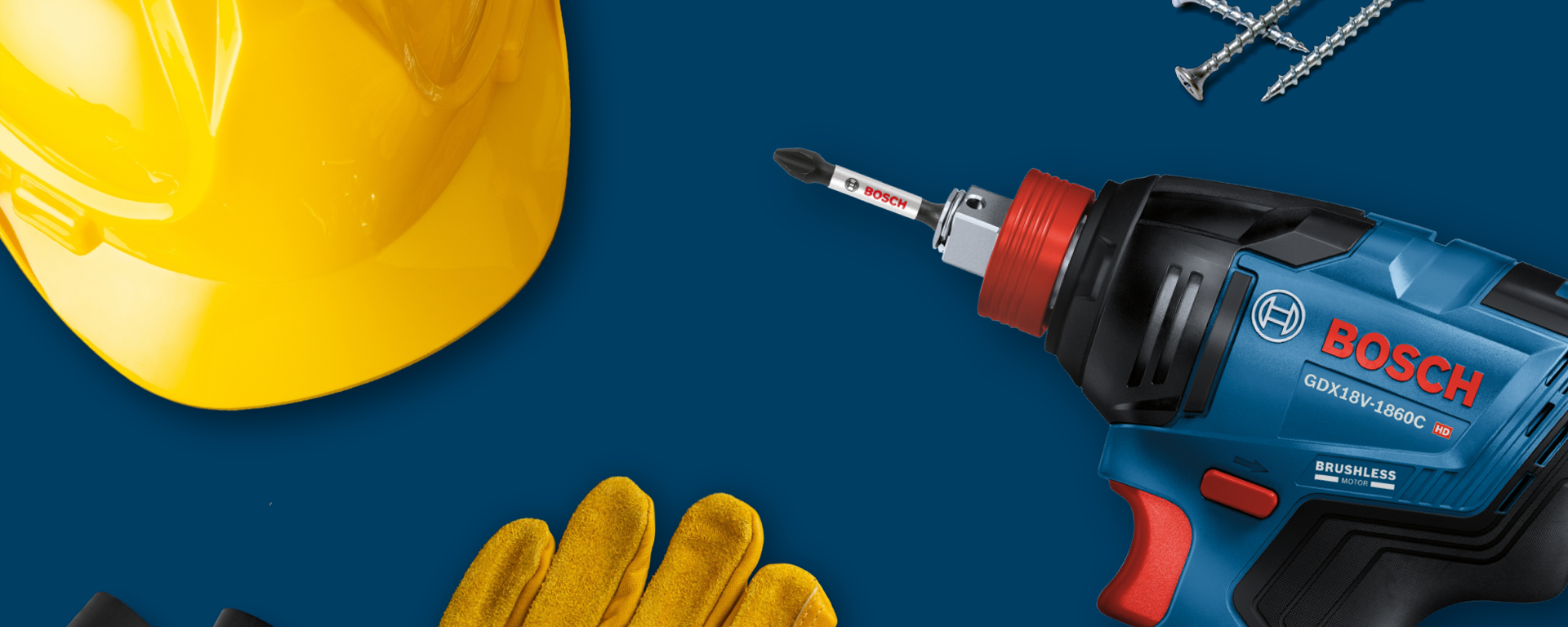 A Bosch Professional cordless screwdriver, yellow gloves, and a helmet.