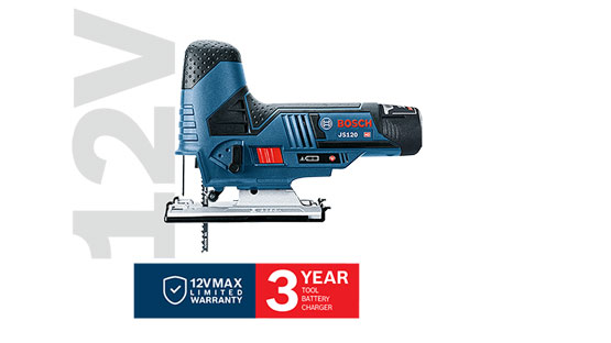 Una sierra de calar inalámbrica azul Bosch Professional con accesorios e información de garantía.