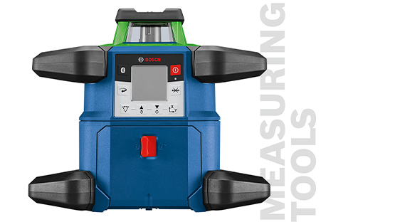 Medidor láser profesional de Bosch en azul y verde, con botones.