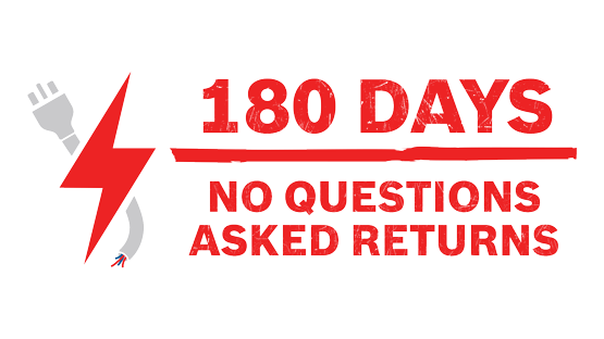 Red logo with lightning, below it "180 DAYS NO QUESTIONS ASKED RETURNS".