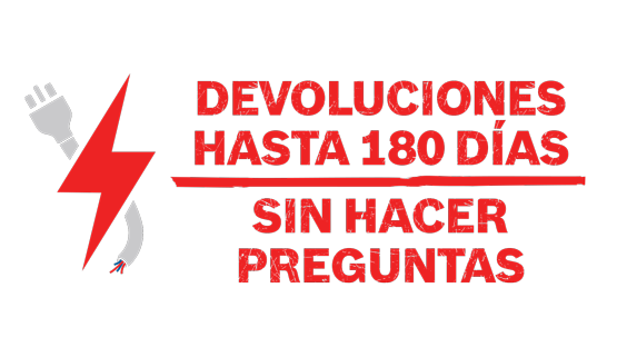 Símbolo de rayo rojo con texto sobre devoluciones dentro de 180 días.