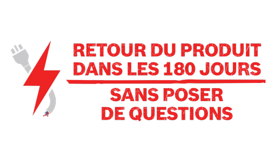 Texte rouge sur fond blanc : Retour dans les 180 jours, sans poser de questions.