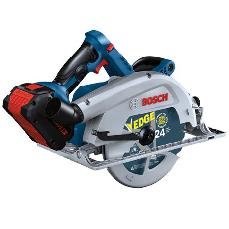A blue Bosch Professional cordless circular saw lies on a white background.