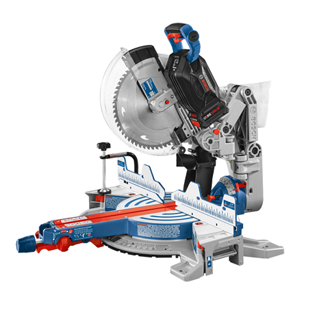 A Bosch Professional miter saw with red and blue design.