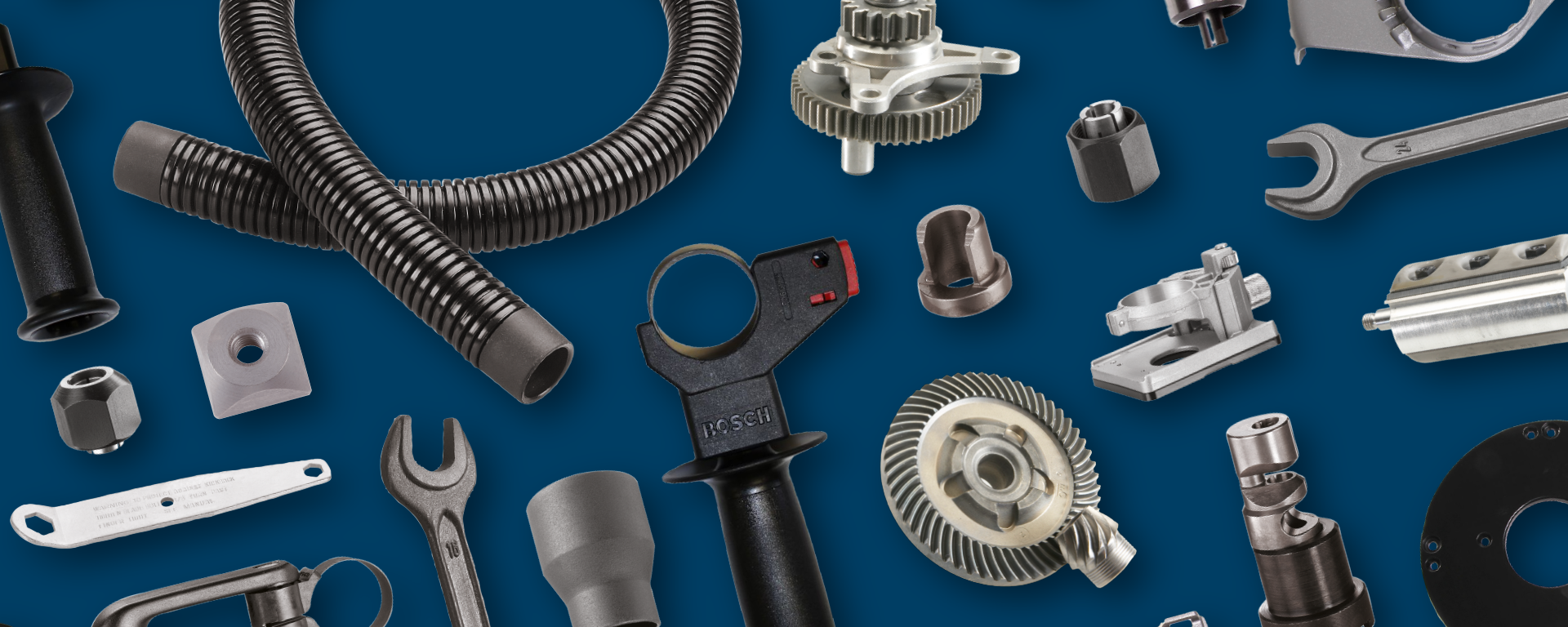 Various Bosch Professional tool parts on a blue background.