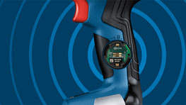 A blue Bosch Professional cordless drill with a red handle on a blue background.