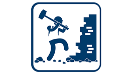 A blue construction worker is working on a wall with a sledgehammer.