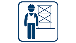 A construction worker with a helmet next to a scaffold, symbolically represented.