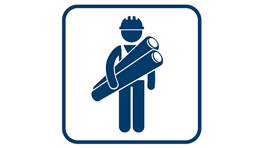 A blue pictogram employee is carrying two plans under his arm.