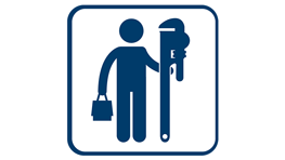 Symbol of a craftsman with a toolbox and pipe wrench in blue.