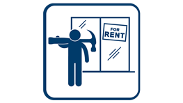 A stylized figure with a hammer stands in front of a window with a "FOR RENT" sign.